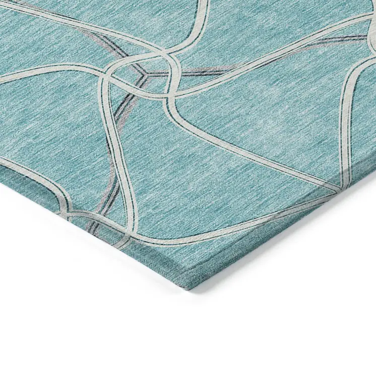 8' X 10' Teal Blue And Ivory Geometric Washable Indoor Outdoor Area Rug