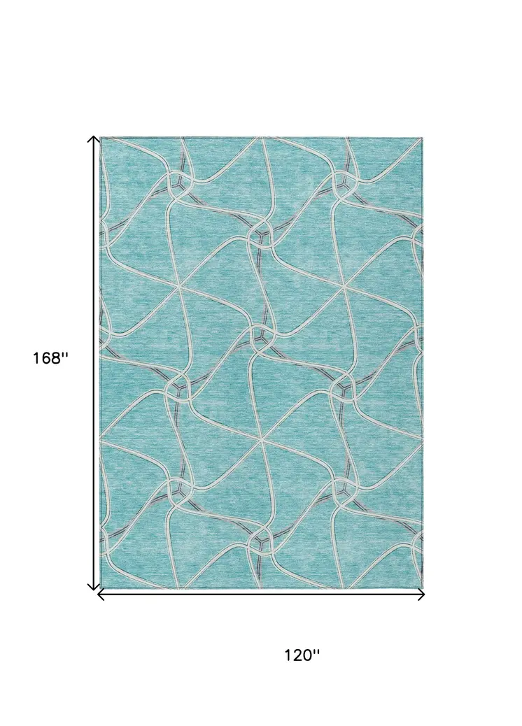 10' X 14' Teal Blue And Ivory Geometric Washable Indoor Outdoor Area Rug