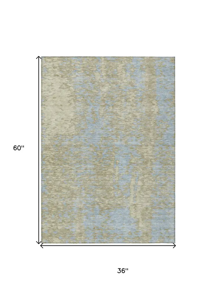 3' X 5' Beige And Blue Abstract Washable Indoor Outdoor Area Rug