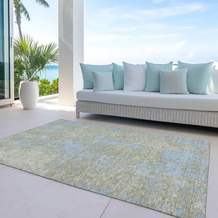 3' X 5' Beige And Blue Abstract Washable Indoor Outdoor Area Rug