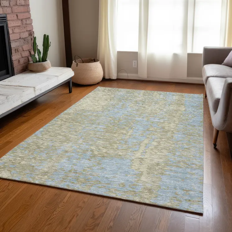 3' X 5' Beige And Blue Abstract Washable Indoor Outdoor Area Rug