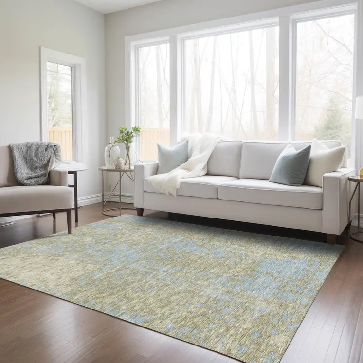 3' X 5' Beige And Blue Abstract Washable Indoor Outdoor Area Rug
