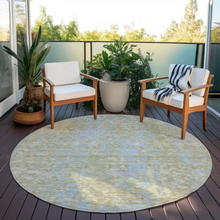 8' Beige And Blue Round Abstract Washable Indoor Outdoor Area Rug
