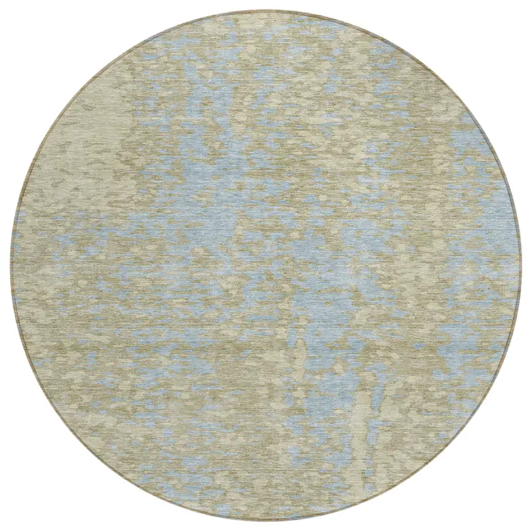 8' Beige And Blue Round Abstract Washable Indoor Outdoor Area Rug