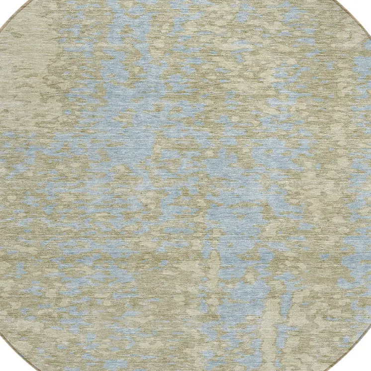 8' Beige And Blue Round Abstract Washable Indoor Outdoor Area Rug