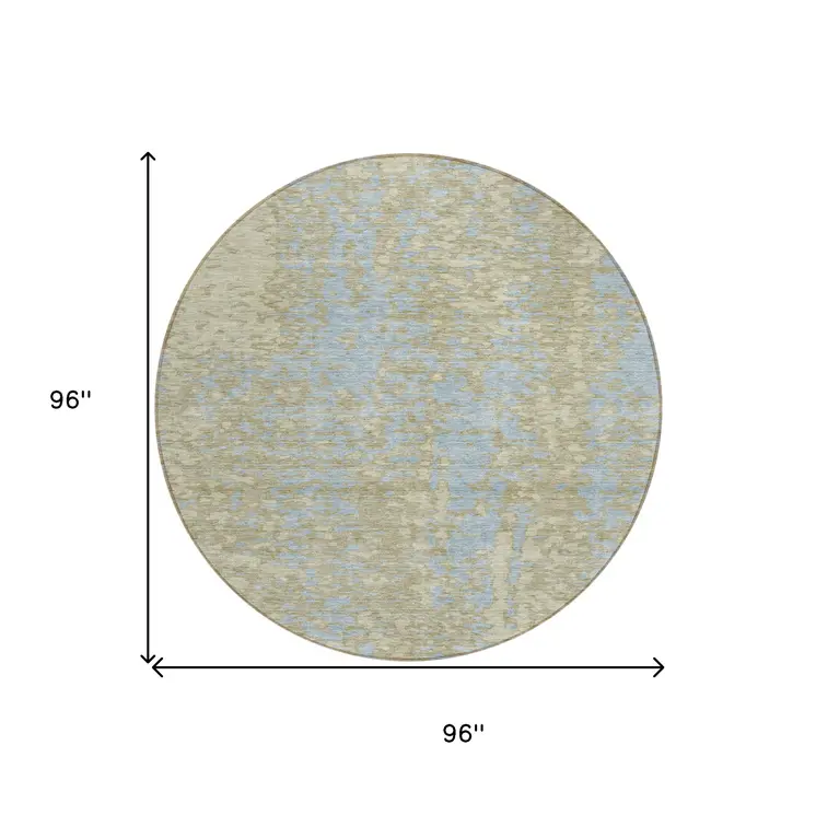 8' Beige And Blue Round Abstract Washable Indoor Outdoor Area Rug