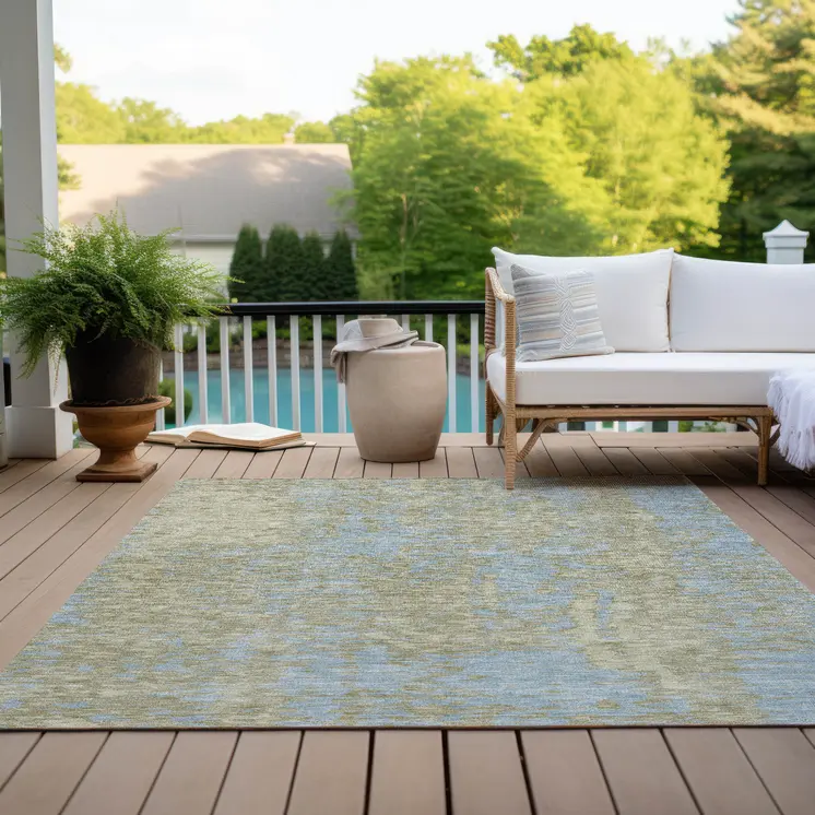 10' X 14' Beige And Blue Abstract Washable Indoor Outdoor Area Rug