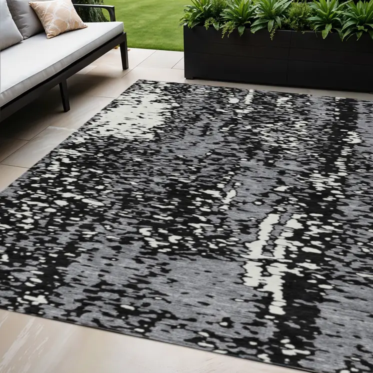 5' X 8' Black And Gray Abstract Washable Indoor Outdoor Area Rug