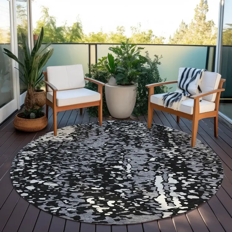 8' Black And Gray Round Abstract Washable Indoor Outdoor Area Rug