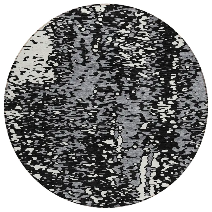 8' Black And Gray Round Abstract Washable Indoor Outdoor Area Rug