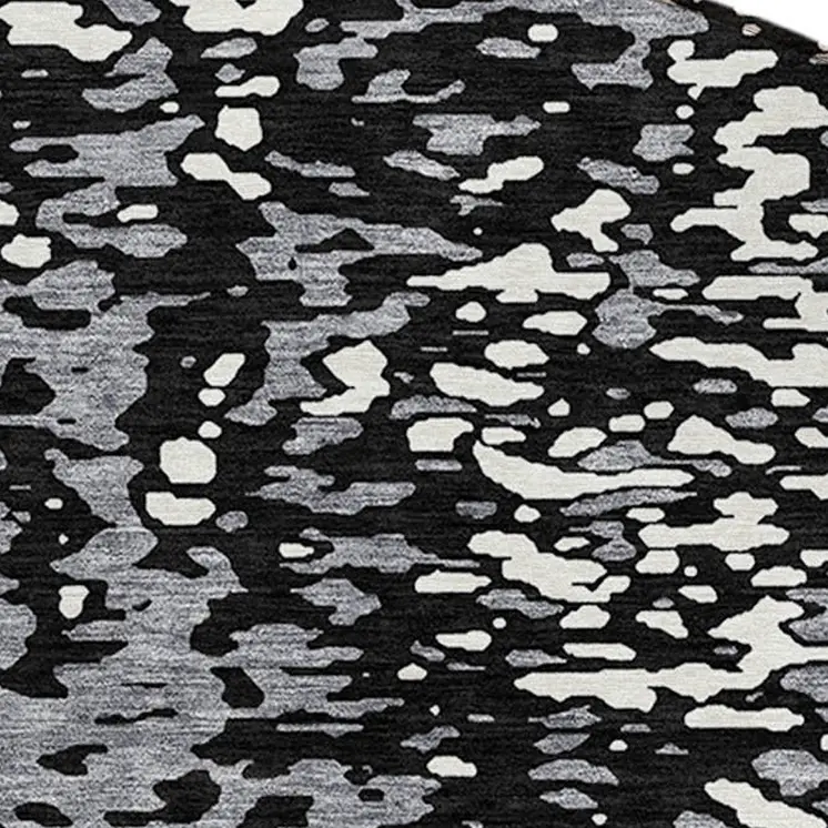 8' Black And Gray Round Abstract Washable Indoor Outdoor Area Rug