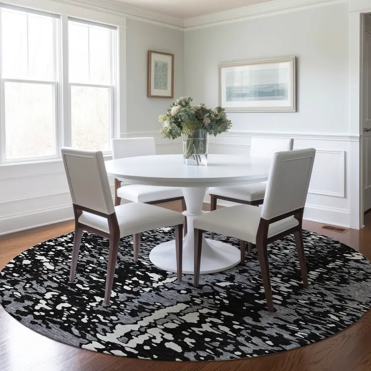 8' Black And Gray Round Abstract Washable Indoor Outdoor Area Rug