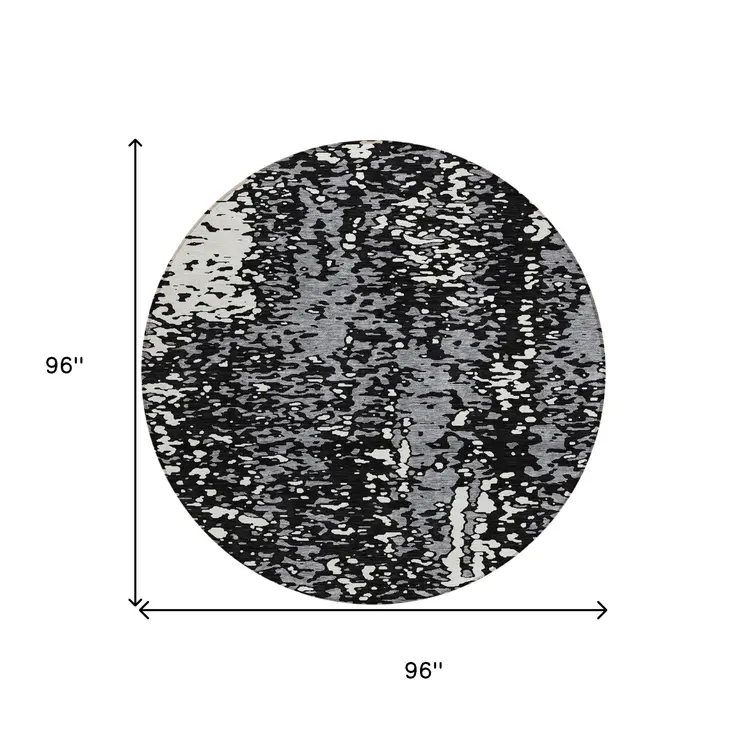 8' Black And Gray Round Abstract Washable Indoor Outdoor Area Rug