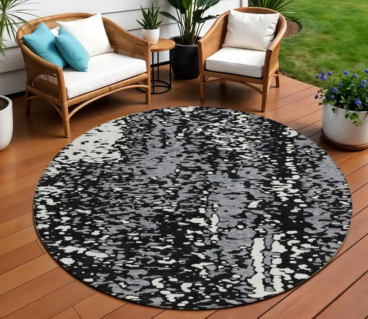 8' Black And Gray Round Abstract Washable Indoor Outdoor Area Rug