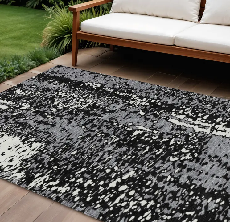 10' X 14' Black And Gray Abstract Washable Indoor Outdoor Area Rug