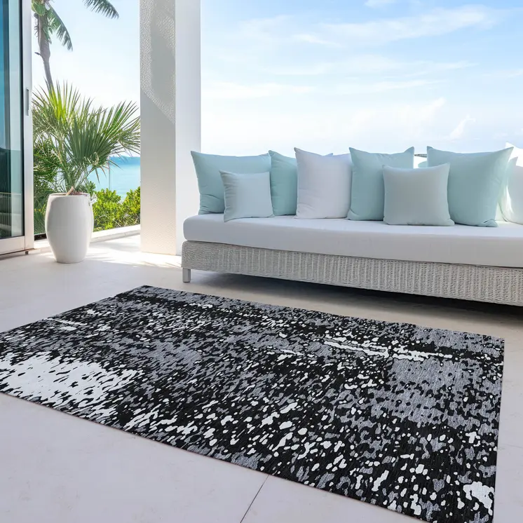 10' X 14' Black And Gray Abstract Washable Indoor Outdoor Area Rug