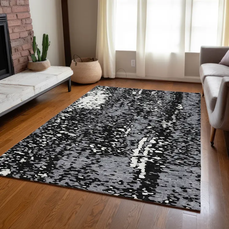 10' X 14' Black And Gray Abstract Washable Indoor Outdoor Area Rug
