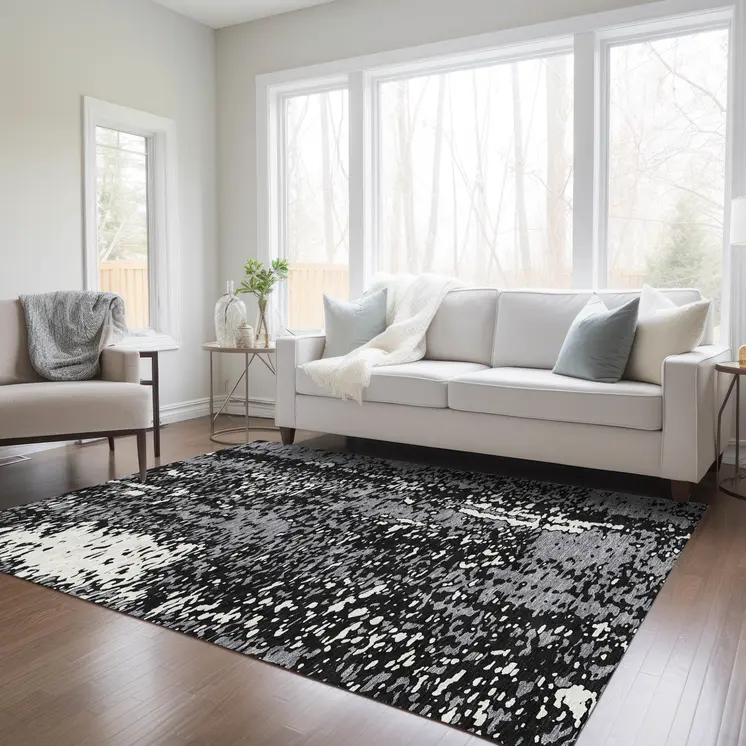 10' X 14' Black And Gray Abstract Washable Indoor Outdoor Area Rug