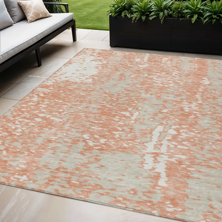 5' X 8' Coral And Ivory Abstract Washable Indoor Outdoor Area Rug