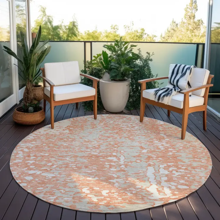 8' Coral And Ivory Round Abstract Washable Indoor Outdoor Area Rug