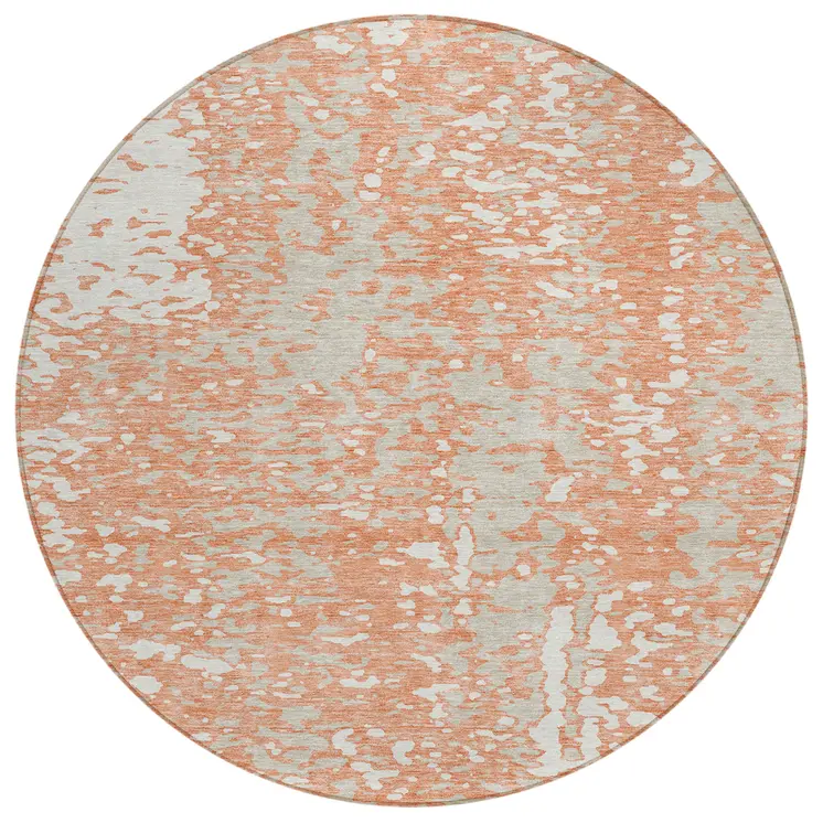 8' Coral And Ivory Round Abstract Washable Indoor Outdoor Area Rug