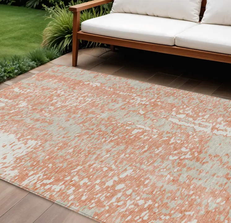8' X 10' Coral And Ivory Abstract Washable Indoor Outdoor Area Rug