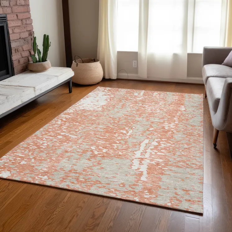 10' X 14' Coral And Ivory Abstract Washable Indoor Outdoor Area Rug