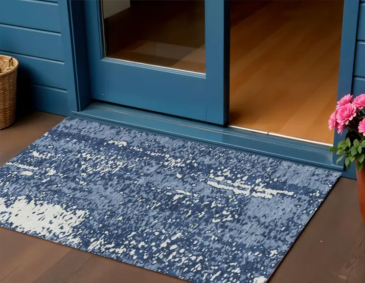 3' X 5' Denim Blue And Ivory Abstract Washable Indoor Outdoor Area Rug