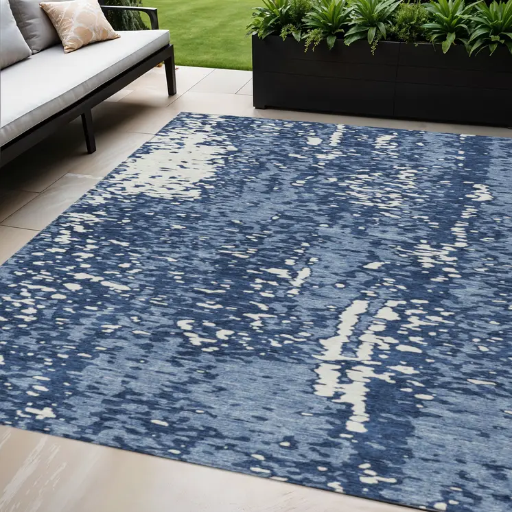 5' X 8' Denim Blue And Ivory Abstract Washable Indoor Outdoor Area Rug