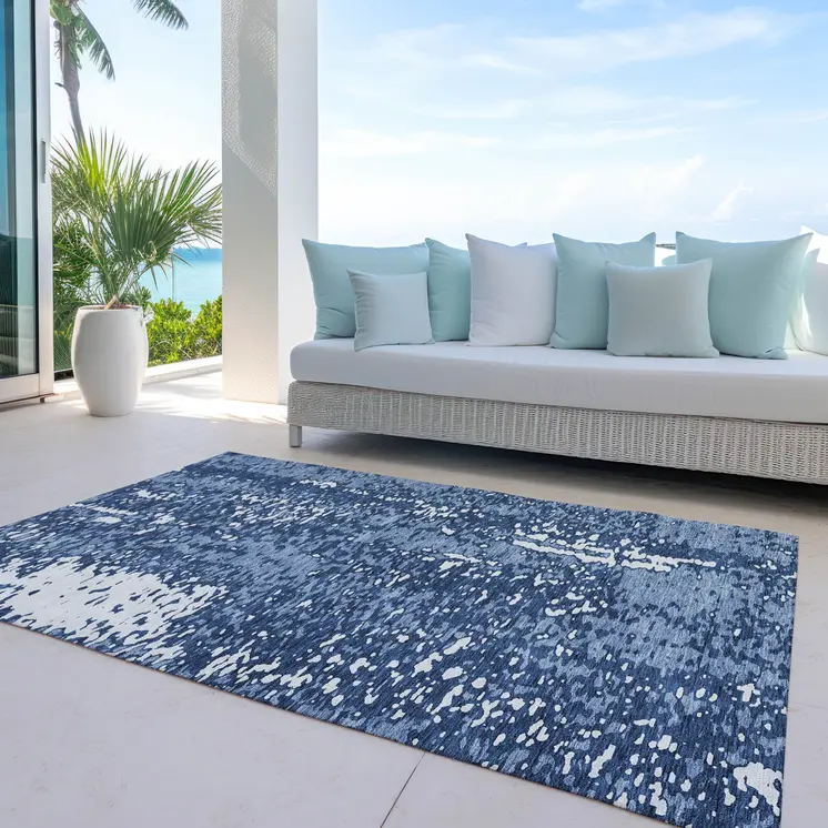 5' X 8' Denim Blue And Ivory Abstract Washable Indoor Outdoor Area Rug