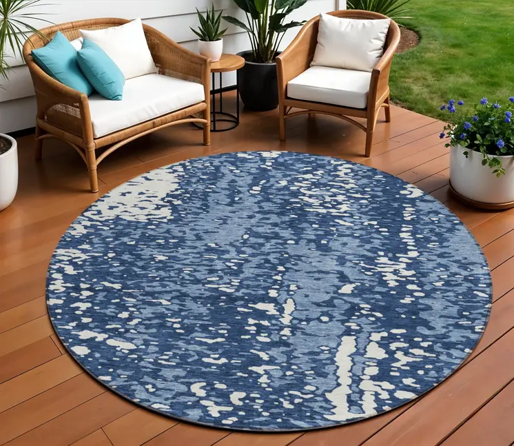 8' Denim Blue And Ivory Round Abstract Washable Indoor Outdoor Area Rug