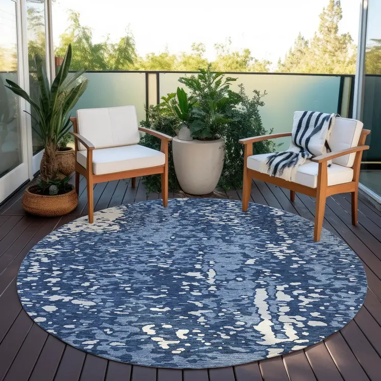 8' Denim Blue And Ivory Round Abstract Washable Indoor Outdoor Area Rug