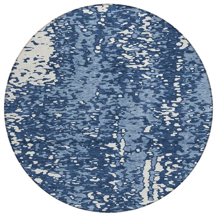 8' Denim Blue And Ivory Round Abstract Washable Indoor Outdoor Area Rug