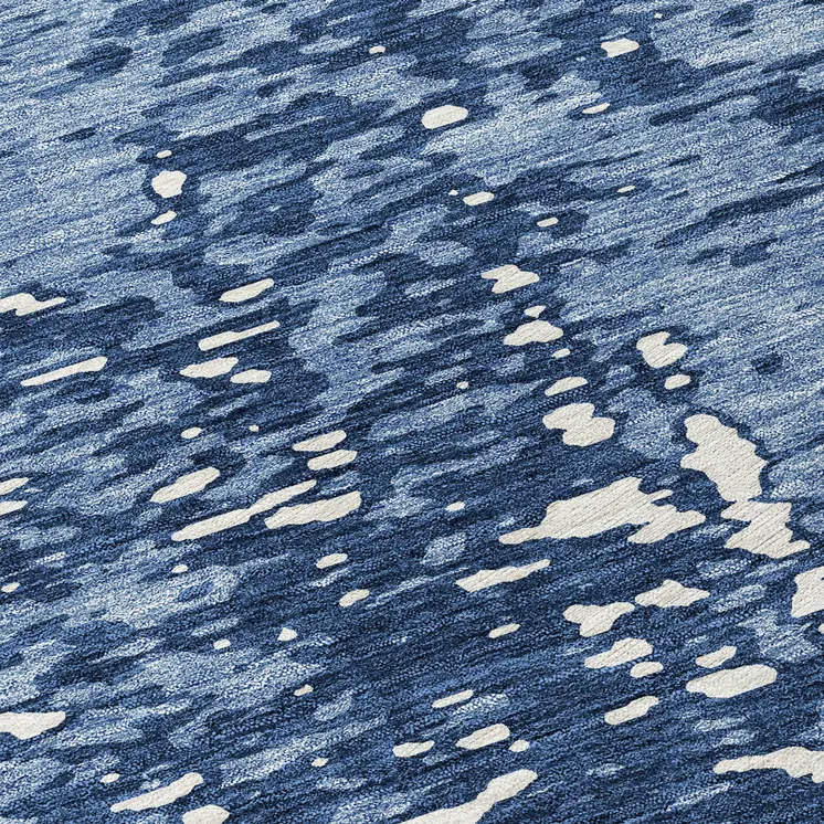 8' Denim Blue And Ivory Round Abstract Washable Indoor Outdoor Area Rug
