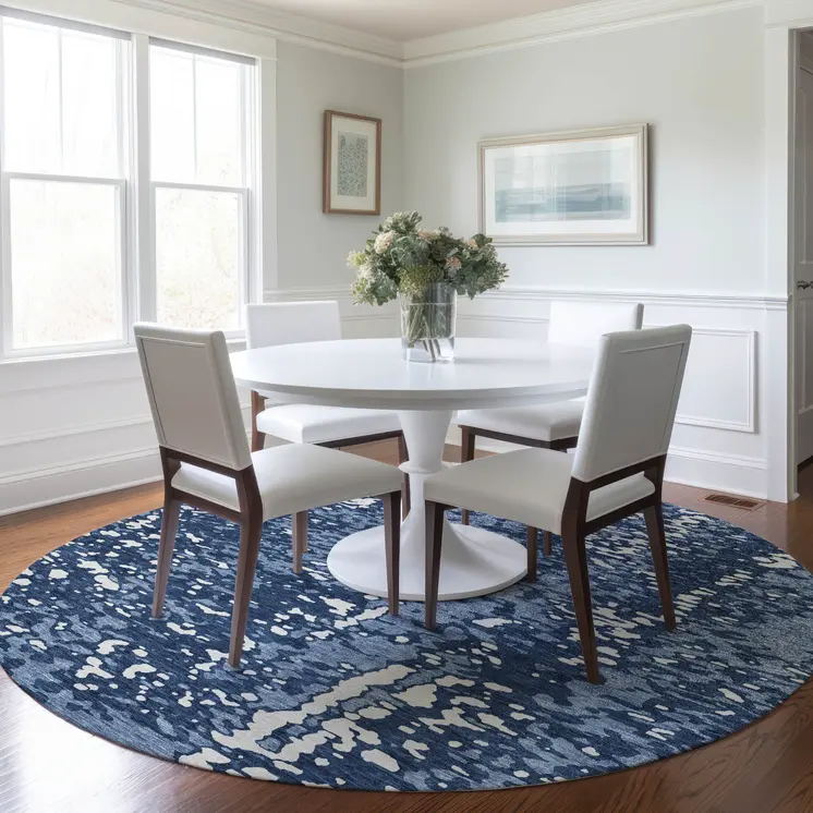 8' Denim Blue And Ivory Round Abstract Washable Indoor Outdoor Area Rug
