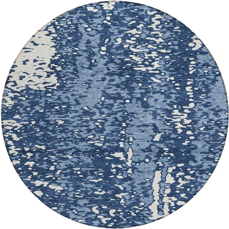 8' Denim Blue And Ivory Round Abstract Washable Indoor Outdoor Area Rug