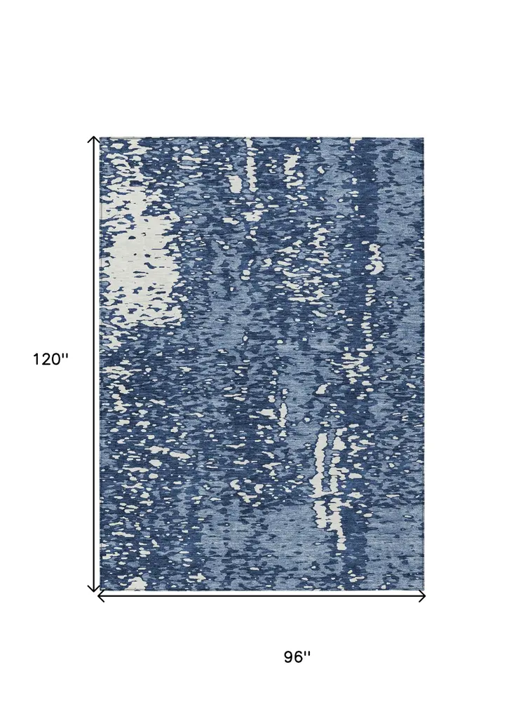 8' X 10' Denim Blue And Ivory Abstract Washable Indoor Outdoor Area Rug
