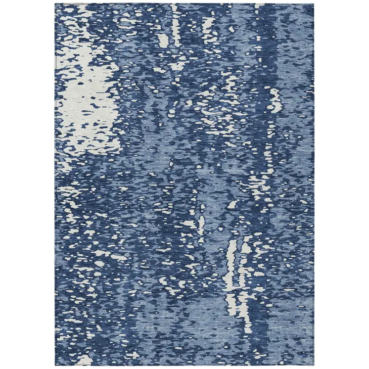 9' X 12' Denim Blue And Ivory Abstract Washable Indoor Outdoor Area Rug