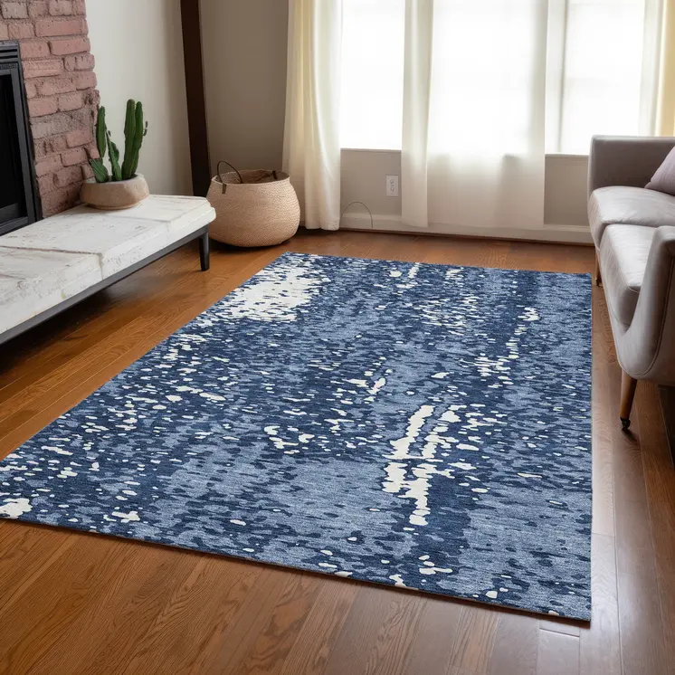 9' X 12' Denim Blue And Ivory Abstract Washable Indoor Outdoor Area Rug