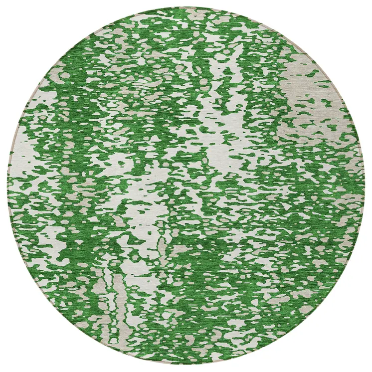 8' Emerald And Ivory Round Abstract Washable Indoor Outdoor Area Rug