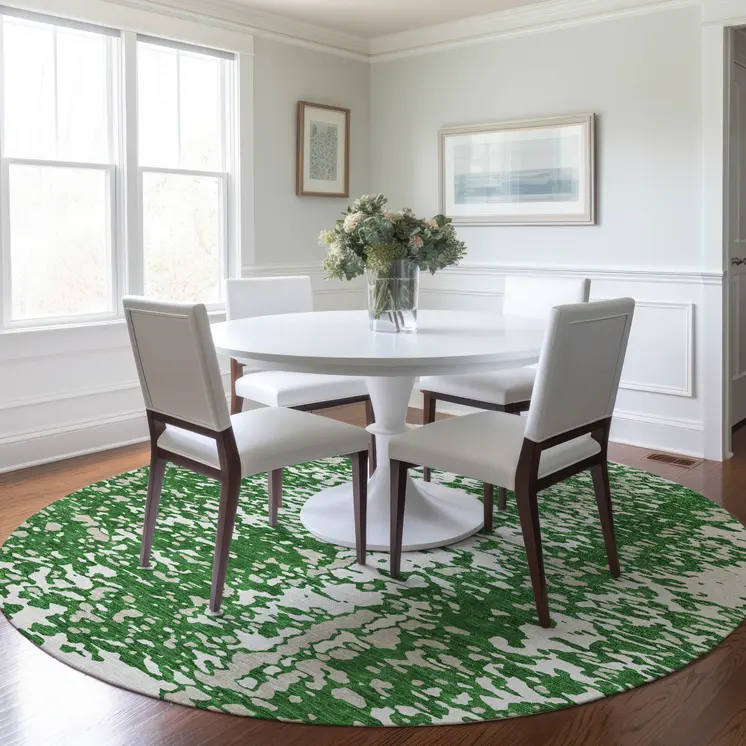 8' Emerald And Ivory Round Abstract Washable Indoor Outdoor Area Rug