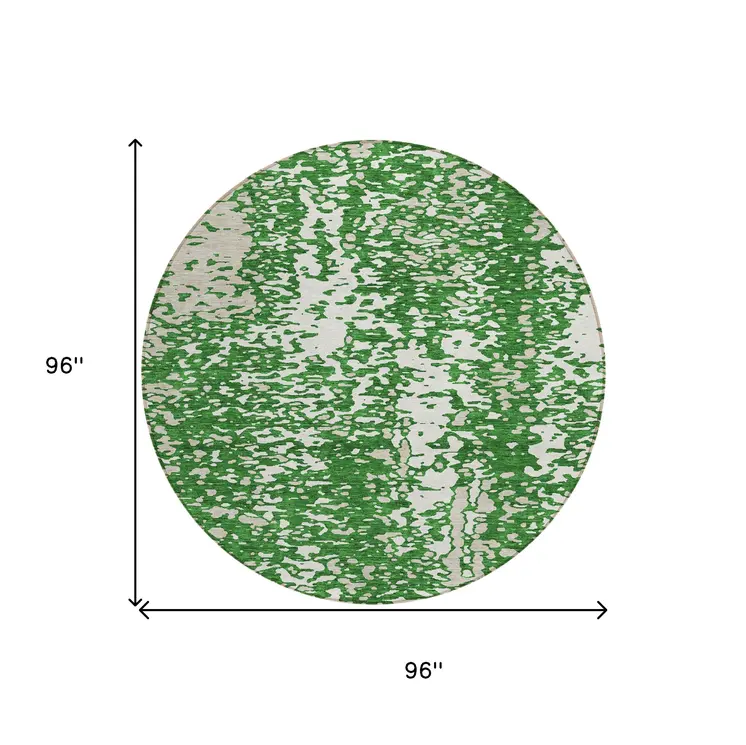 8' Emerald And Ivory Round Abstract Washable Indoor Outdoor Area Rug