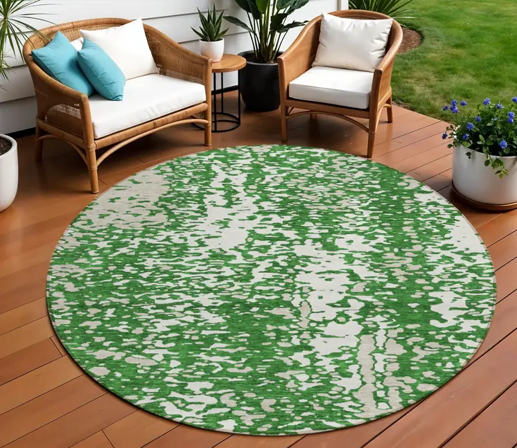 8' Emerald And Ivory Round Abstract Washable Indoor Outdoor Area Rug