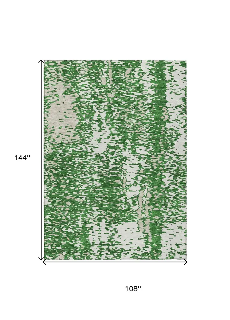 9' X 12' Emerald And Ivory Abstract Washable Indoor Outdoor Area Rug
