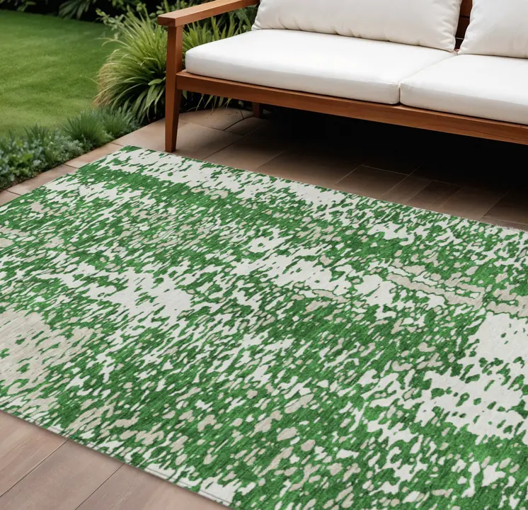 9' X 12' Emerald And Ivory Abstract Washable Indoor Outdoor Area Rug