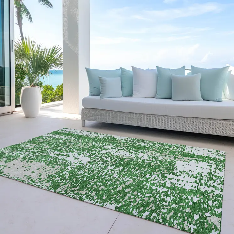 9' X 12' Emerald And Ivory Abstract Washable Indoor Outdoor Area Rug