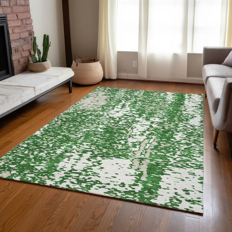 9' X 12' Emerald And Ivory Abstract Washable Indoor Outdoor Area Rug