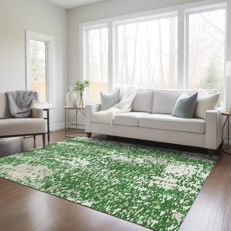 9' X 12' Emerald And Ivory Abstract Washable Indoor Outdoor Area Rug