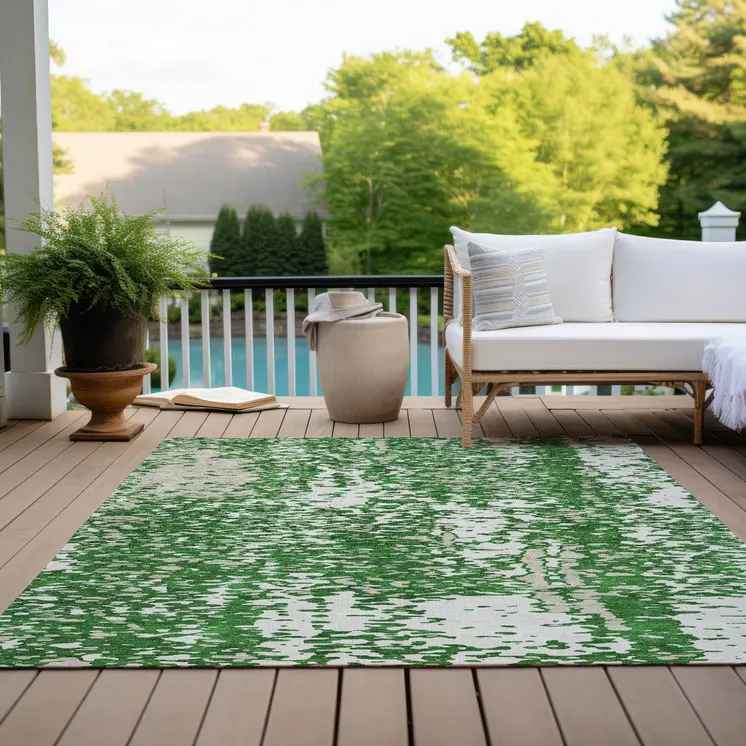 10' X 14' Emerald And Ivory Abstract Washable Indoor Outdoor Area Rug