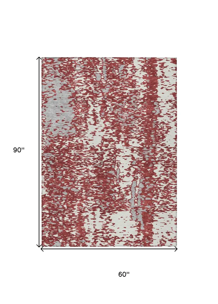 5' X 8' Burgundy And Ivory Abstract Washable Indoor Outdoor Area Rug